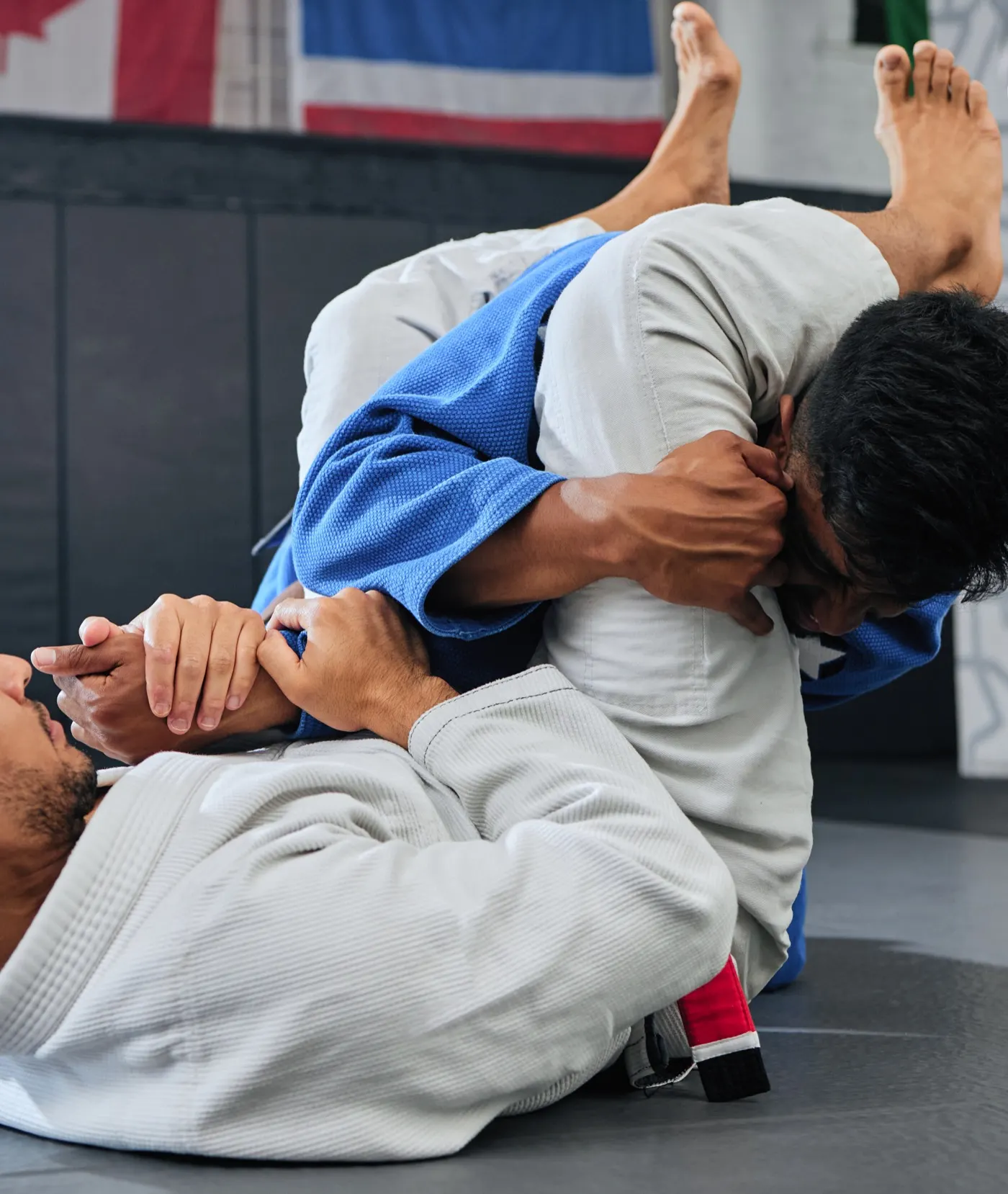 A guard attack mid-roll, blue gi against white