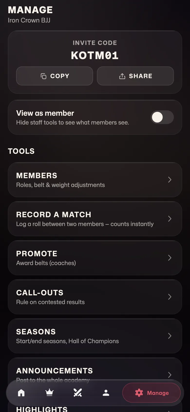 Coach tools: invite code, members, promotions, call-outs and seasons