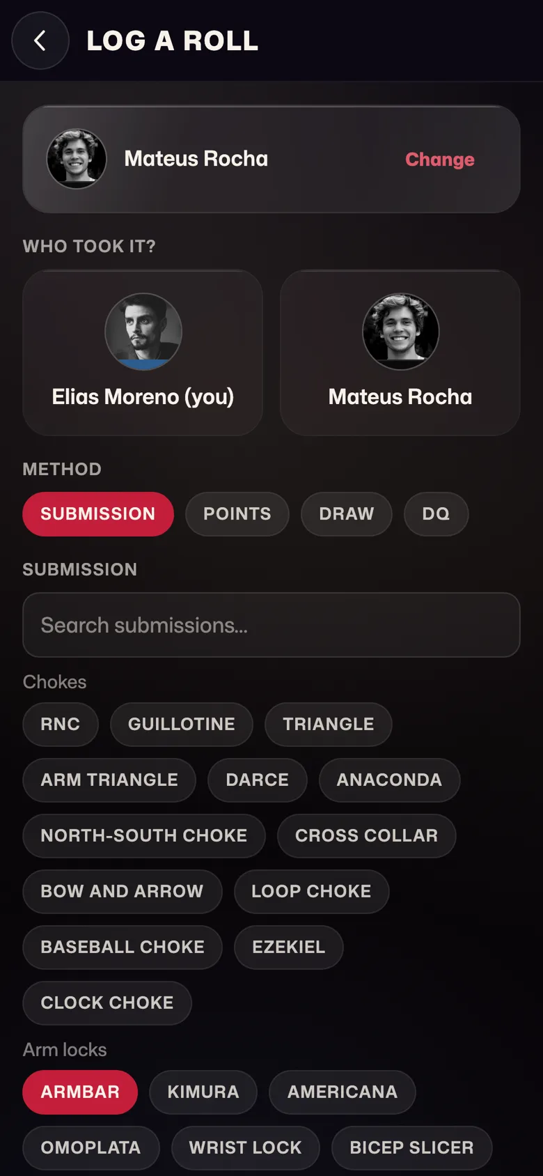 Log a roll: pick your partner, who won, and how